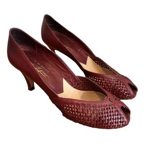 Vtg Etienne Aigner Oxblood Maroon Leather Kitten Woven Heel Pumps Size 10 M